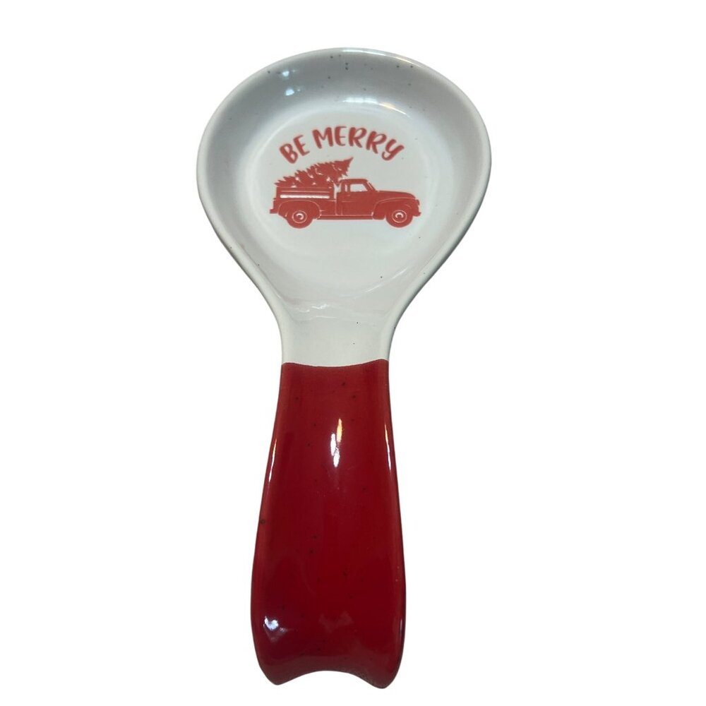 Ceramic Be Merry Spoon Rest Red Handle Truck Design Christmas Tree 9"